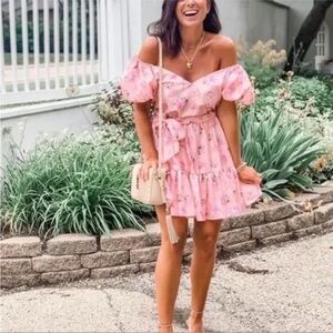 LoveShackFancy Pink Floral Off-Shoulder Mini Dress